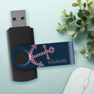 Cute Pink Polka Dot Anchor with Navy Custom Name USB Flash Drive