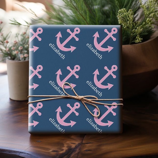 Cute Pink Polka Dot Anchor with Navy Custom Name Wrapping Paper (Personalized Wrapping Paper)