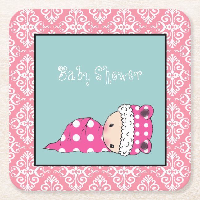 Cute Pink Polka Dot Baby Damask Border Square Paper Coaster (Front)
