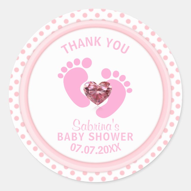 Cute Pink Polka Dot Baby Shower/Sprinkle Girl Classic Round Sticker (Front)