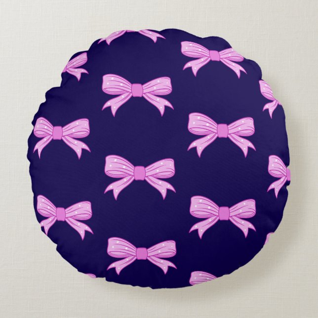 Cute Pink Polka Dot Bow Illustration Kawaii Girly  Round Cushion (Front)