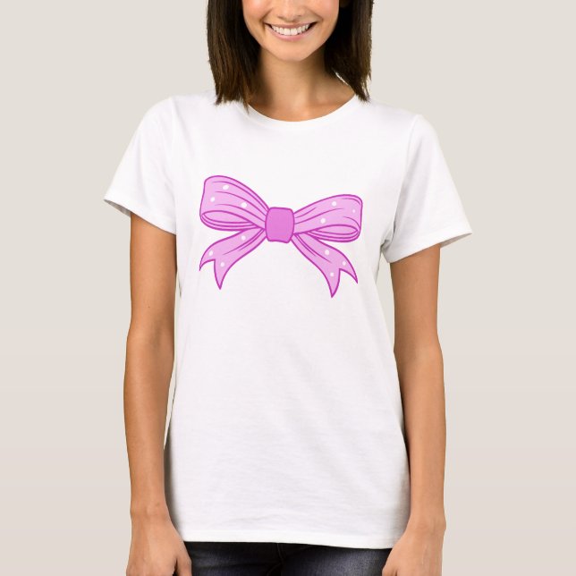 Cute Pink Polka Dot Bow Illustration Kawaii Girly  T-Shirt (Front)