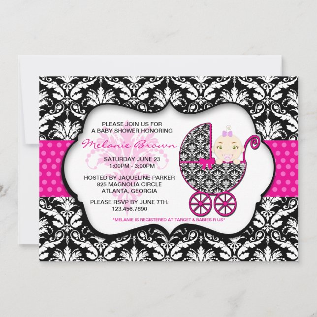 Cute Pink Polka Dot Damask Baby Shower Invite (Front)
