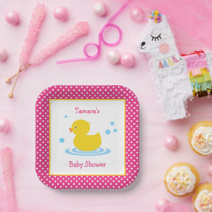 Cute Pink Polka Dot Duck Baby Shower Paper Plate