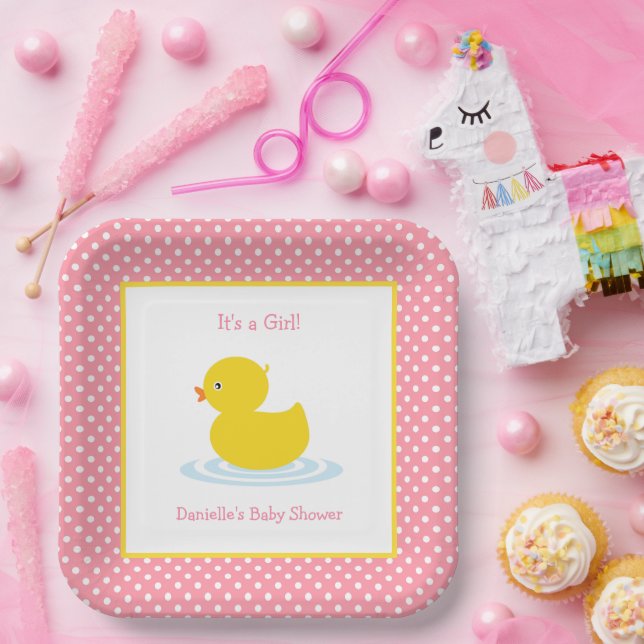 Cute Pink Polka Dot Duck Baby Shower Paper Plate (Party)