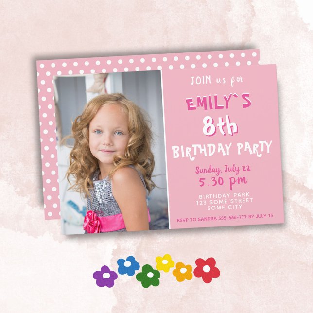 Cute Pink Polka Dot Girl Photo Birthday Invitation (Creator Uploaded)