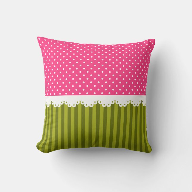 Cute Pink Polka Dot Green Stripes Pattern Cushion (Front)