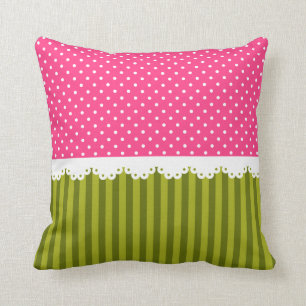 Cute Pink Polka Dot Green Stripes Pattern Cushion