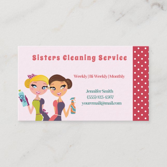 Cute Pink Polka Dot Maid House Cleaning Service Business Card (Front)