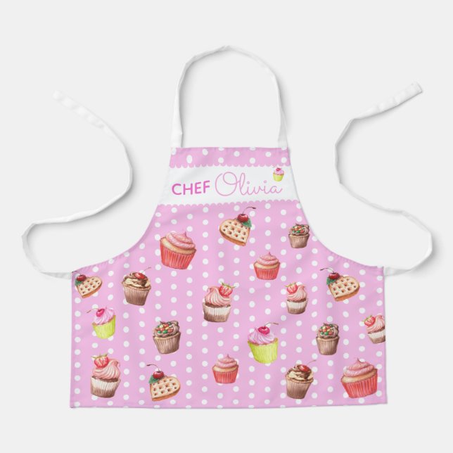Cute Pink Polka Dot Personalised Chef Cupcake Apro Apron (Front)