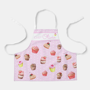 Cute Pink Polka Dot Personalised Chef Cupcake Apron