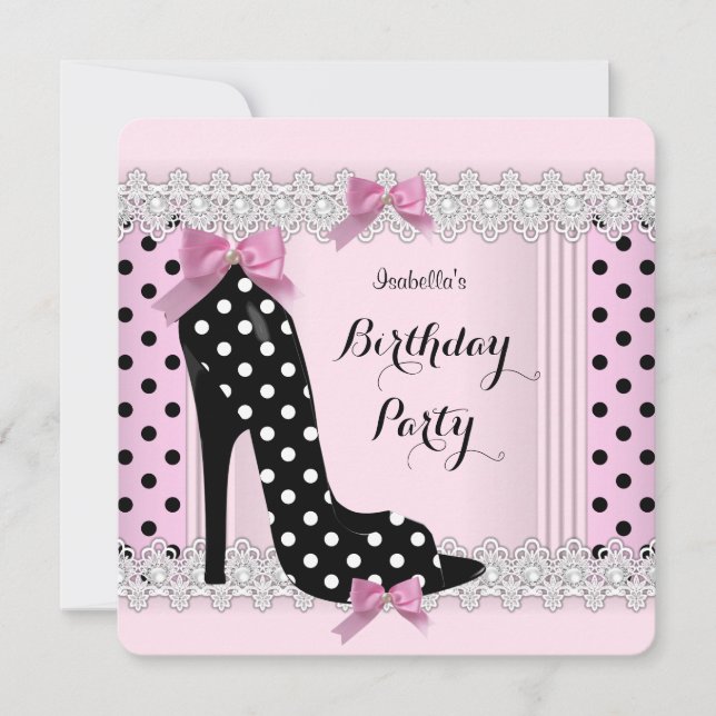 Cute Pink Polka Dots High Heel Birthday Party Invitation (Front)