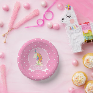 Cute Pink Polka Dots Magical Unicorn Girl Birthday Paper Plate
