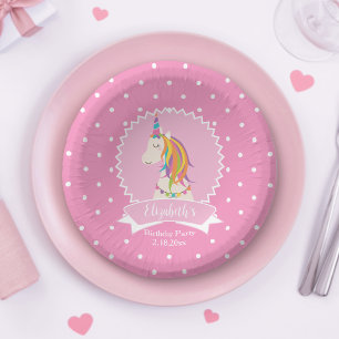 Cute Pink Polka Dots Magical Unicorn Girl Birthday Paper Plate