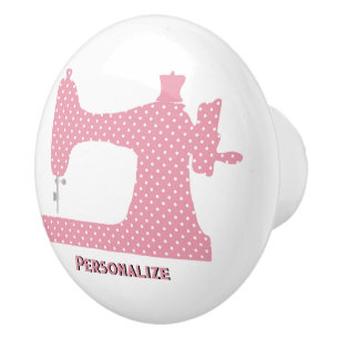 Cute Pink Polka Dots Sewing Machine Personalize Ceramic Knob