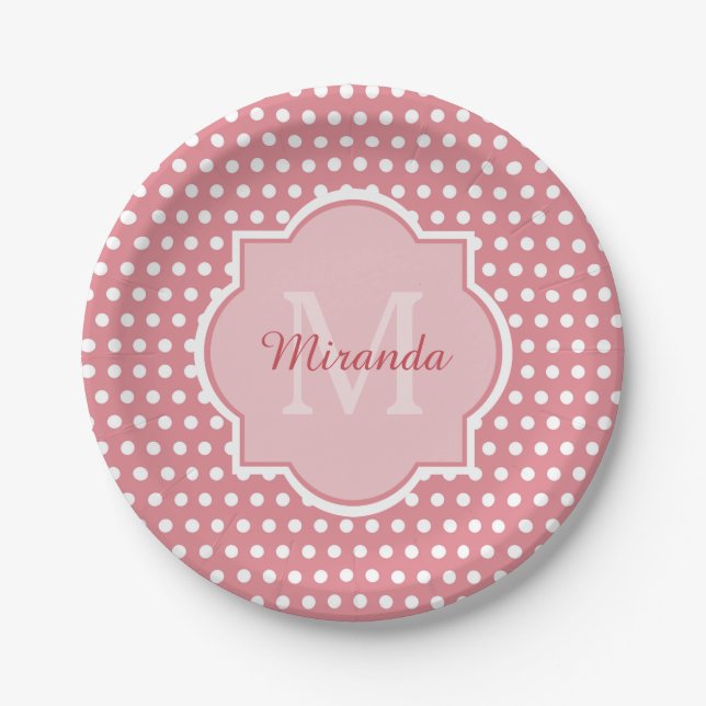 Cute Pink Polka Dots With Monogram and Name Paper Plate (Front)
