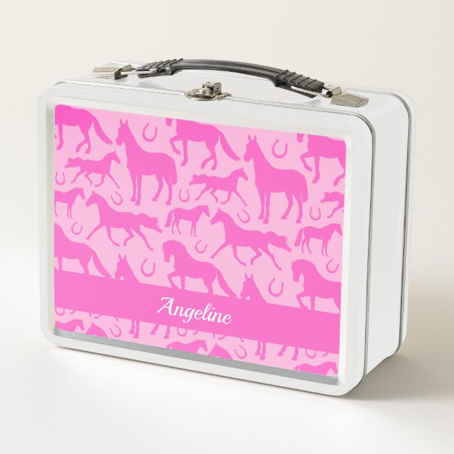 Cute Pink Ponies and Horses Girly Kids Metal Lunch Box (Front)