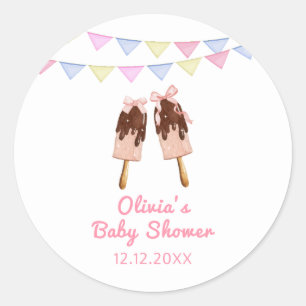Cute Pink Popcicle Bow Ice Cream Baby Shower Classic Round Sticker