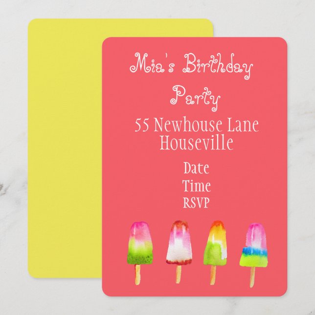 Cute pink popsicle ice-block Summer girl Party Invitation (Front/Back)