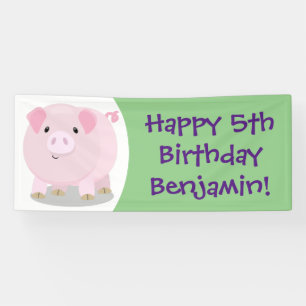 Cute pink pot bellied pig cartoon illustration banner