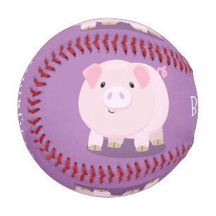 Cute pink pot bellied pig cartoon illustration baseball