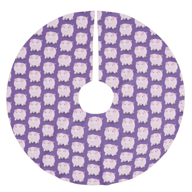 Cute pink pot bellied pig cartoon illustration brushed polyester tree skirt (Front)