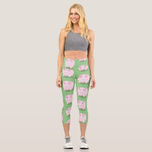 Cute pink pot bellied pig cartoon illustration capri leggings