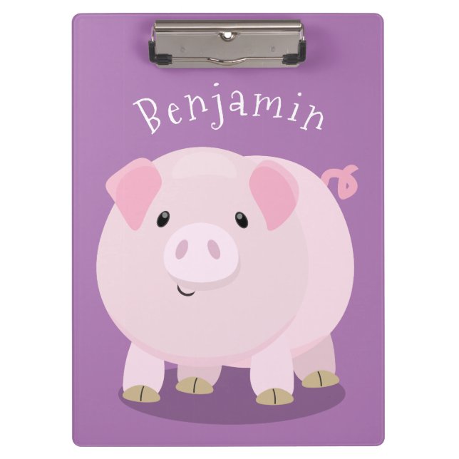Cute pink pot bellied pig cartoon illustration clipboard (Front)