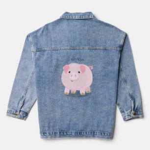 Cute pink pot bellied pig cartoon illustration denim jacket