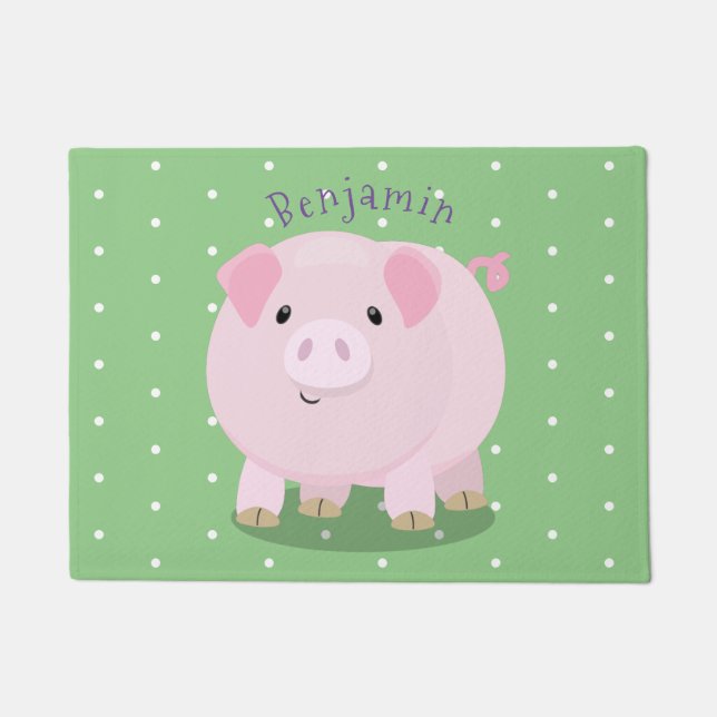 Cute pink pot bellied pig cartoon illustration doormat (Front)