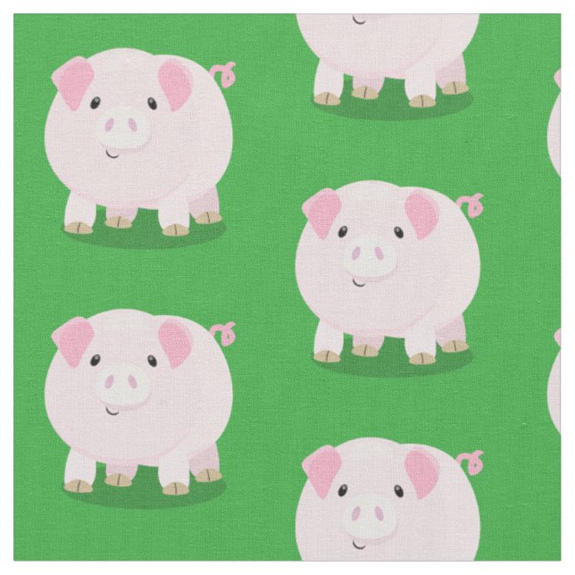 Cute pink pot bellied pig cartoon illustration fabric (Close Up)