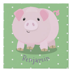 Cute pink pot bellied pig cartoon illustration faux canvas print
