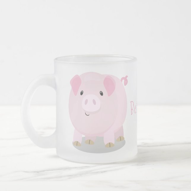Cute pink pot bellied pig cartoon illustration frosted glass coffee mug (Left)