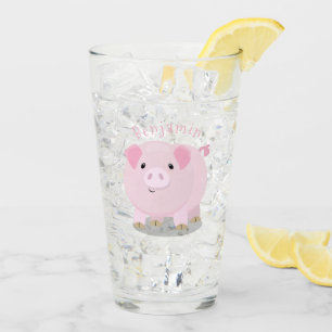 Cute pink pot bellied pig cartoon illustration glass