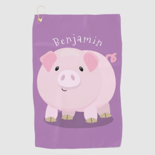 Cute pink pot bellied pig cartoon illustration  golf towel