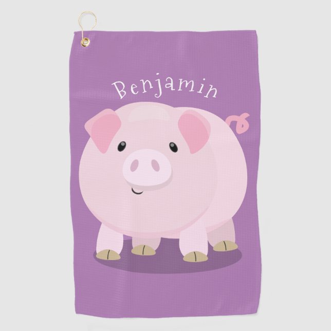 Cute pink pot bellied pig cartoon illustration  golf towel (Front)