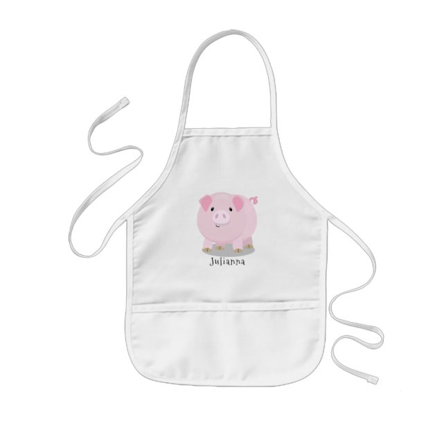 Cute pink pot bellied pig cartoon illustration kids apron (Front)