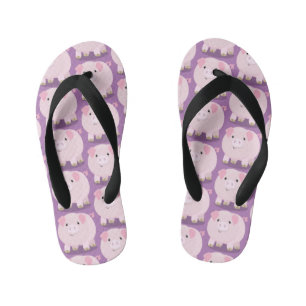 Cute pink pot bellied pig cartoon illustration kid's flip flops