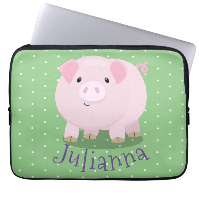 Cute pink pot bellied pig cartoon illustration laptop sleeve (Front)