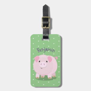 Cute pink pot bellied pig cartoon illustration luggage tag