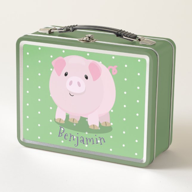 Cute pink pot bellied pig cartoon illustration metal lunch box (Front)