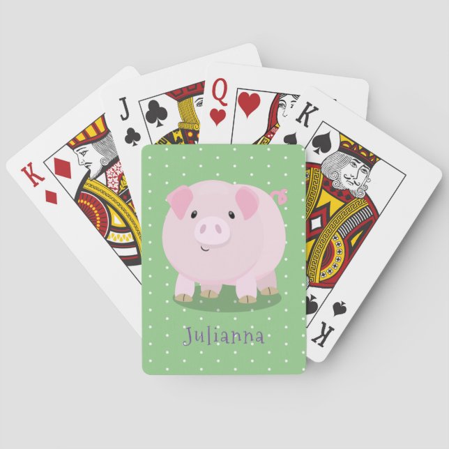 Cute pink pot bellied pig cartoon illustration playing cards (Back)