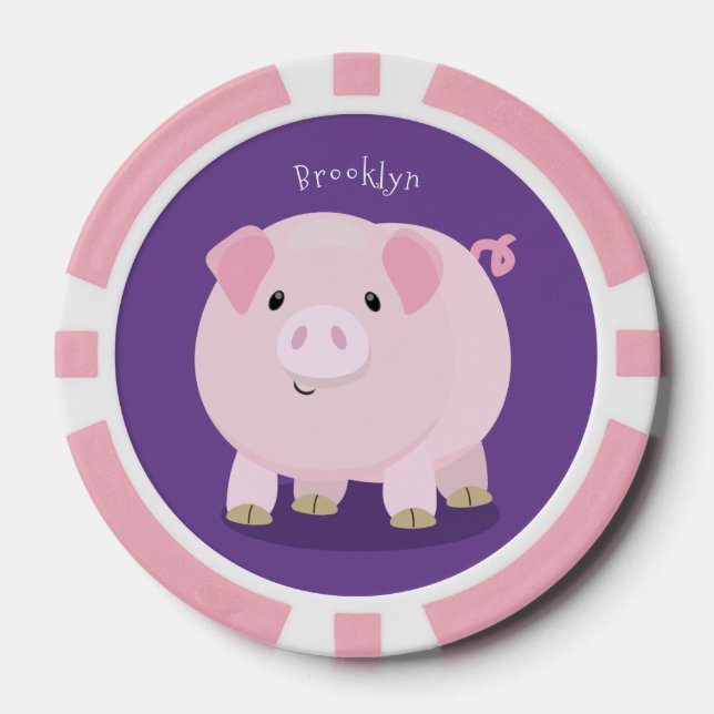 Cute pink pot bellied pig cartoon illustration poker chips (Front)