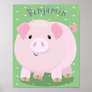 Cute pink pot bellied pig cartoon illustration poster