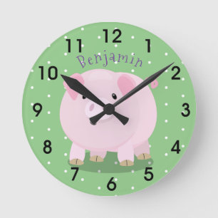Cute pink pot bellied pig cartoon illustration round clock