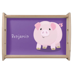 Cute pink pot bellied pig cartoon illustration serving tray