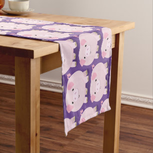 Cute pink pot bellied pig cartoon illustration short table runner
