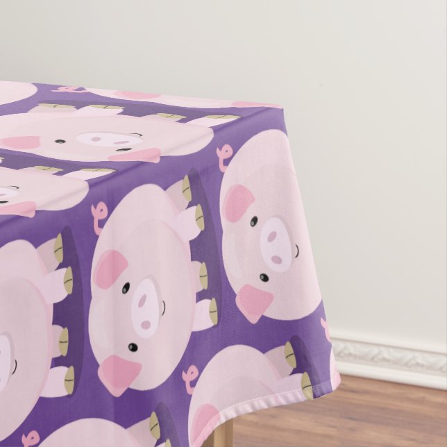 Cute pink pot bellied pig cartoon illustration tablecloth (In Situ)