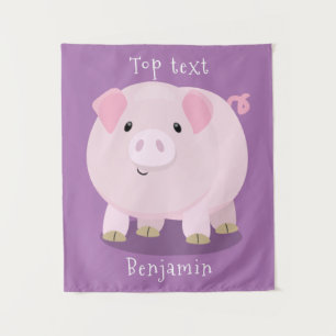 Cute pink pot bellied pig cartoon illustration tapestry