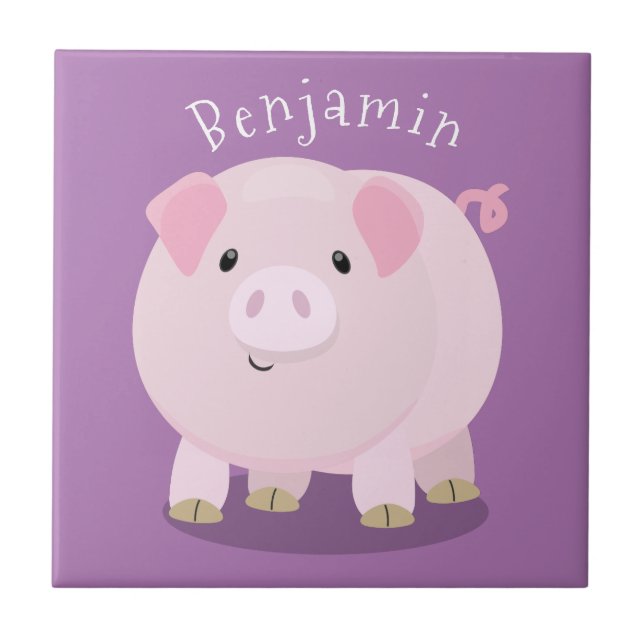 Cute pink pot bellied pig cartoon illustration tile (Front)